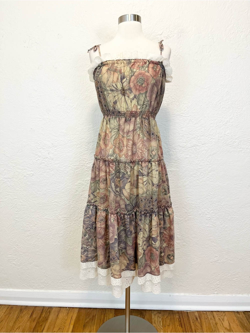 Vintage Dress Midi Floral Cottagecore Farmhouse Boho Prairie Mauve Beige S/M - Picture 2 of 14